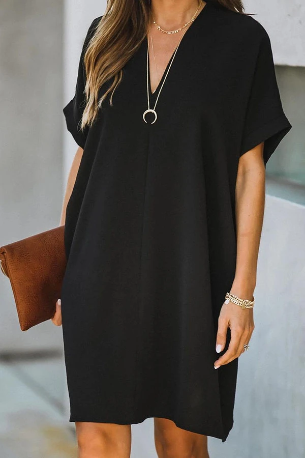 Momentlover Casual Solid Patchwork V Neck Straight Dresses(3 Colors)