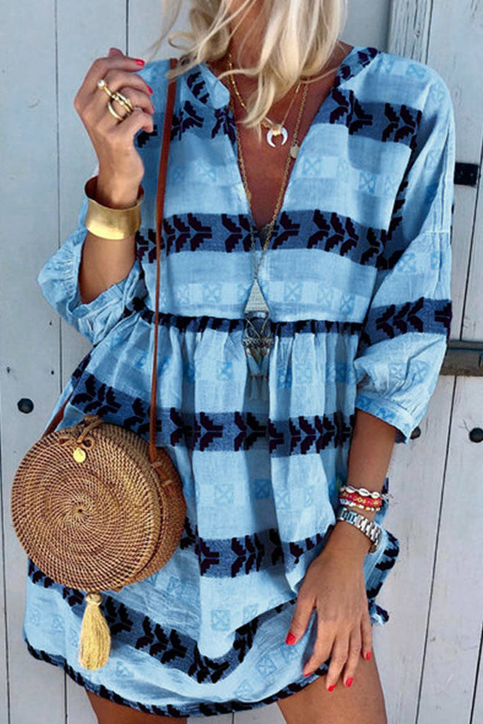 Momentlover Fashion Street Print Patchwork V Neck Pleated Dresses(3 Colors)