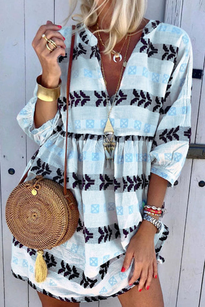 Momentlover Fashion Street Print Patchwork V Neck Pleated Dresses(3 Colors)