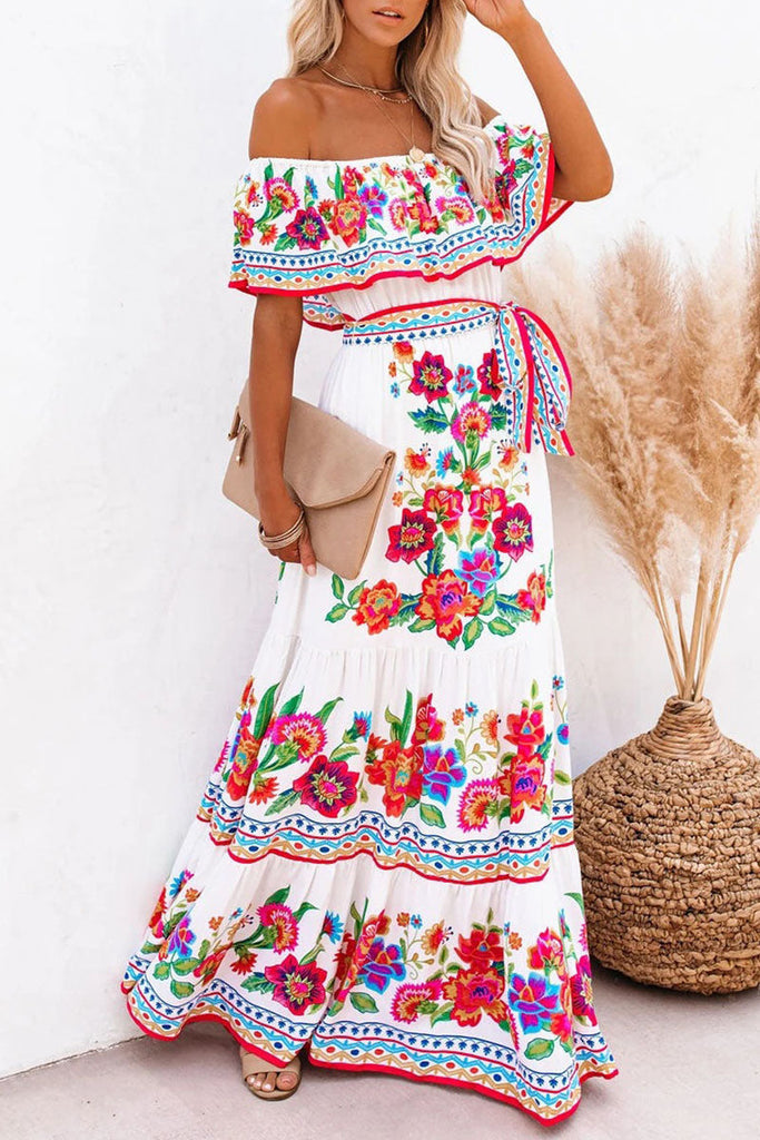 Momentlover Fashion Street Print Patchwork Off the Shoulder A Line Dresses