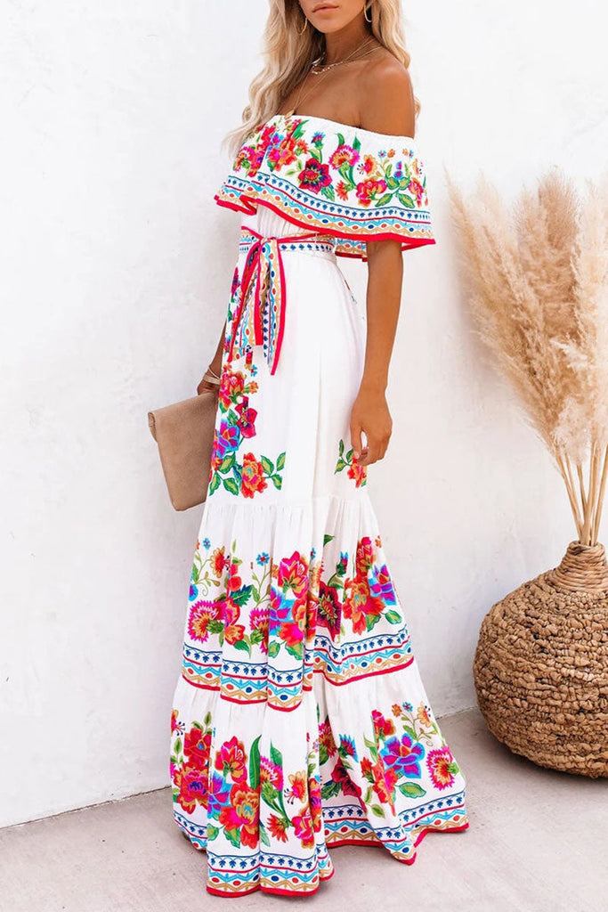 Momentlover Fashion Street Print Patchwork Off the Shoulder A Line Dresses