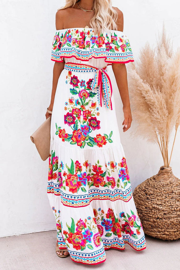 Momentlover Fashion Street Print Patchwork Off the Shoulder A Line Dresses