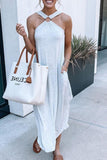 Momentlover Fashion Casual Solid Patchwork Halter Irregular Dresses