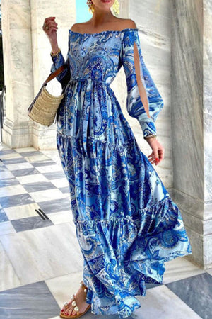 Momentlover Fashion Street Print Patchwork Off the Shoulder Printed Dresses