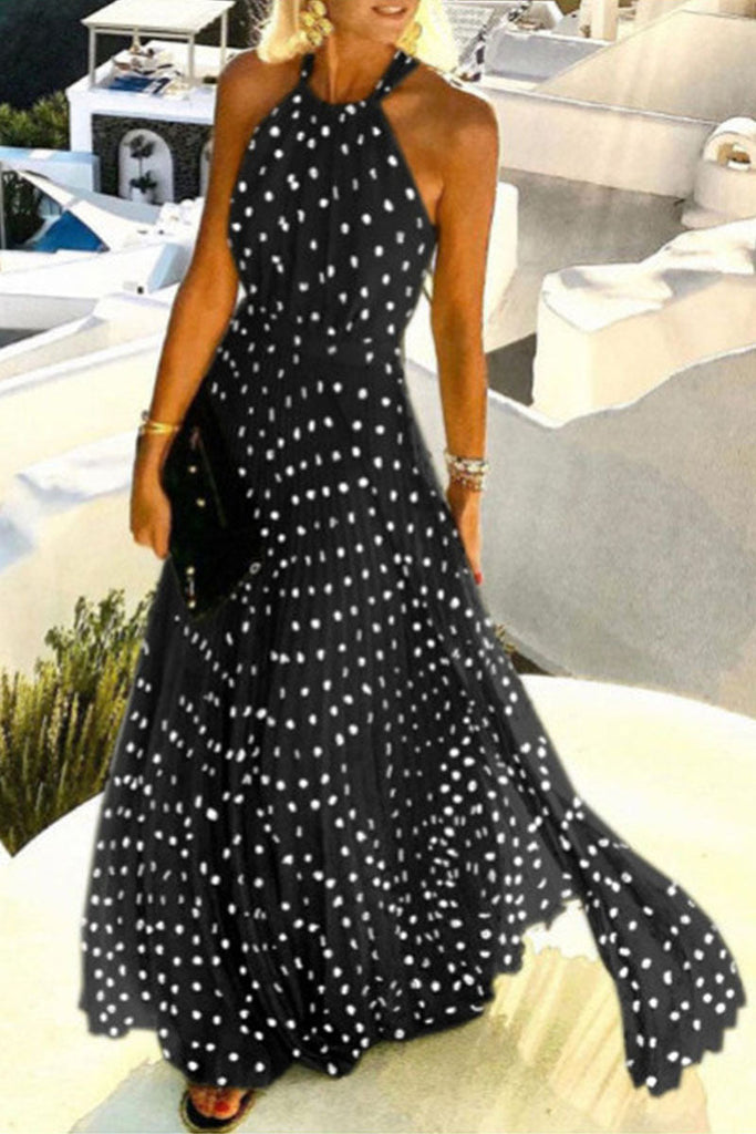 Momentlover Fashion Bohemian Print Patchwork Halter Pleated Dresses(7 Colors)