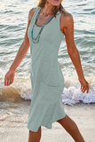 Momentlover Casual Solid Patchwork Pocket Basic O Neck Straight Dresses