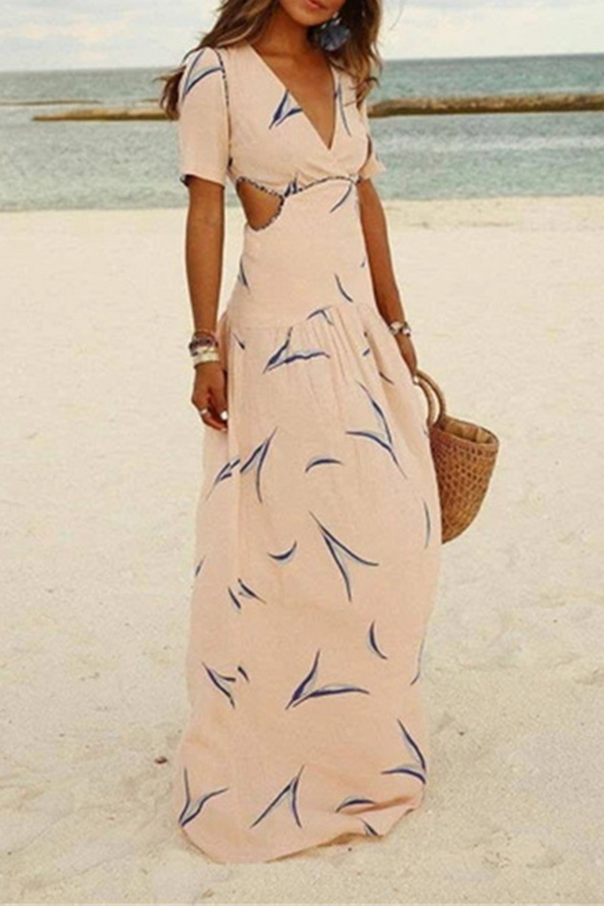 Momentlover Casual Vacation Print Hollowed Out Patchwork V Neck A Line Dresses