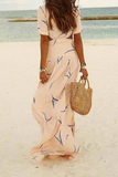 Momentlover Casual Vacation Print Hollowed Out Patchwork V Neck A Line Dresses