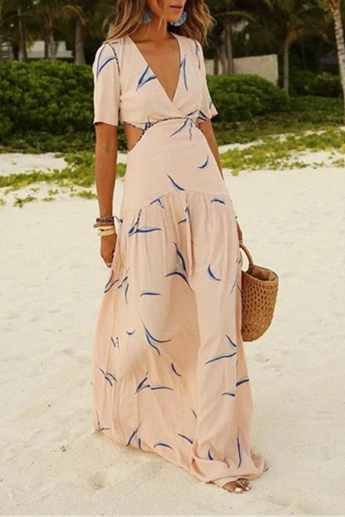 Momentlover Casual Vacation Print Hollowed Out Patchwork V Neck A Line Dresses