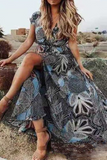 Momentlover Casual Print Patchwork V Neck Cake Skirt Dresses