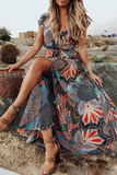 Momentlover Casual Print Patchwork V Neck Cake Skirt Dresses