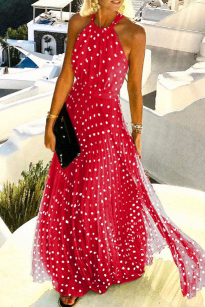 Momentlover Fashion Street Print Patchwork Halter Pleated Dresses