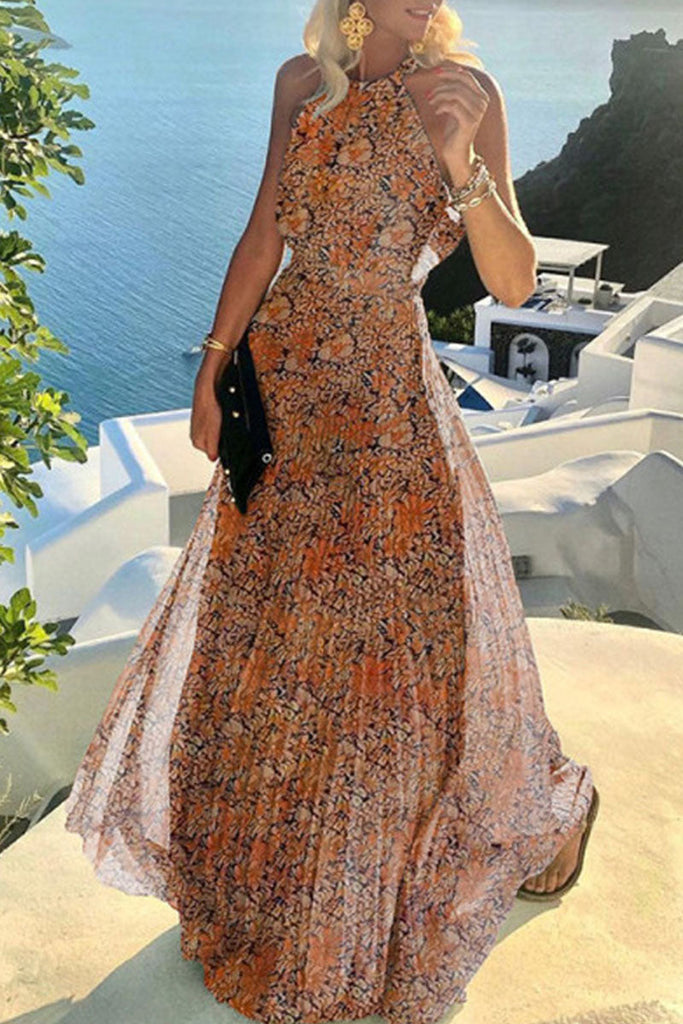 Momentlover Fashion Street Print Patchwork Halter Pleated Dresses