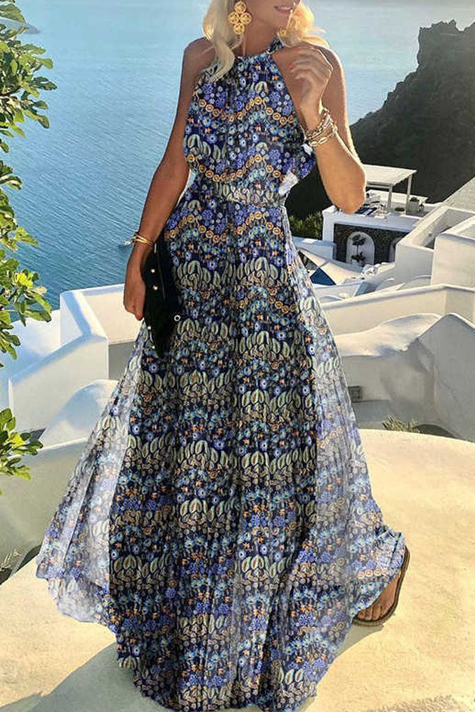 Momentlover Fashion Street Print Patchwork Halter Pleated Dresses