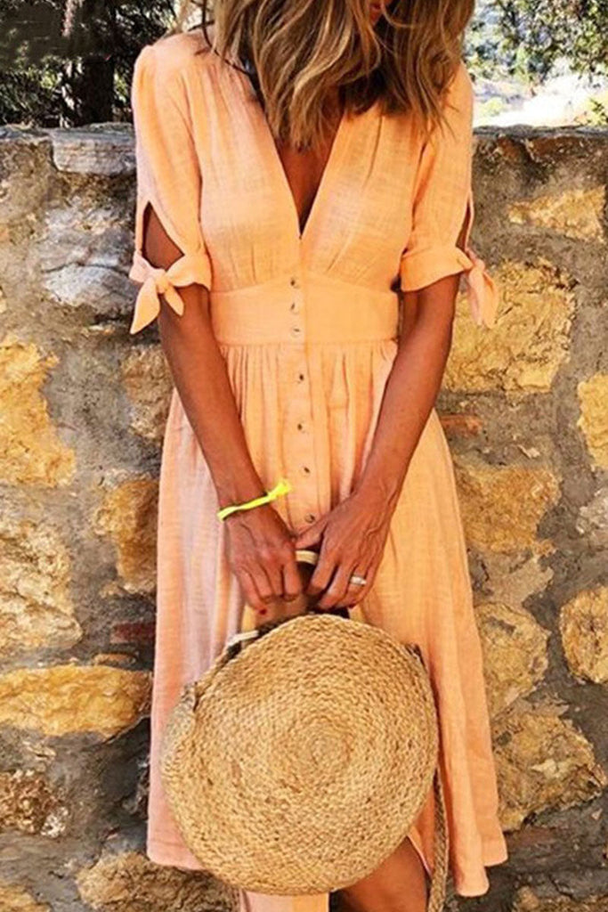 Momentlover Fashion Casual Solid Patchwork V Neck A Line Dresses(5 Colors)