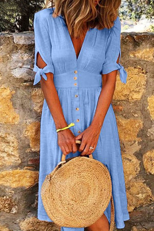 Momentlover Fashion Casual Solid Patchwork V Neck A Line Dresses(5 Colors)