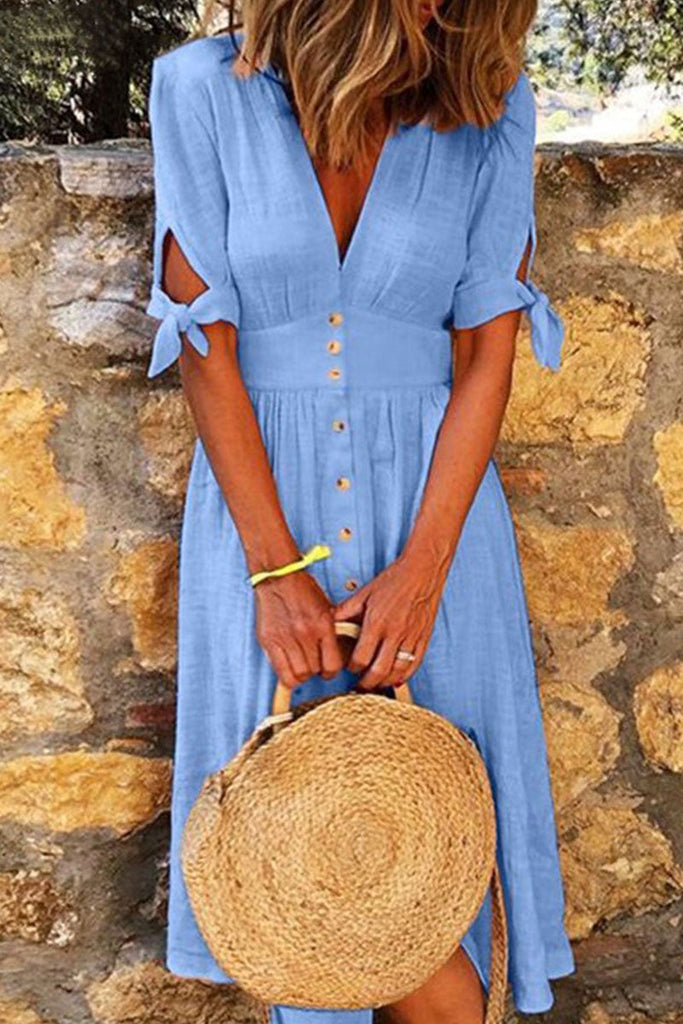 Momentlover Fashion Casual Solid Patchwork V Neck A Line Dresses(5 Colors)