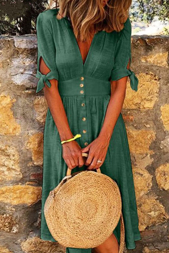 Momentlover Fashion Casual Solid Patchwork V Neck A Line Dresses(5 Colors)