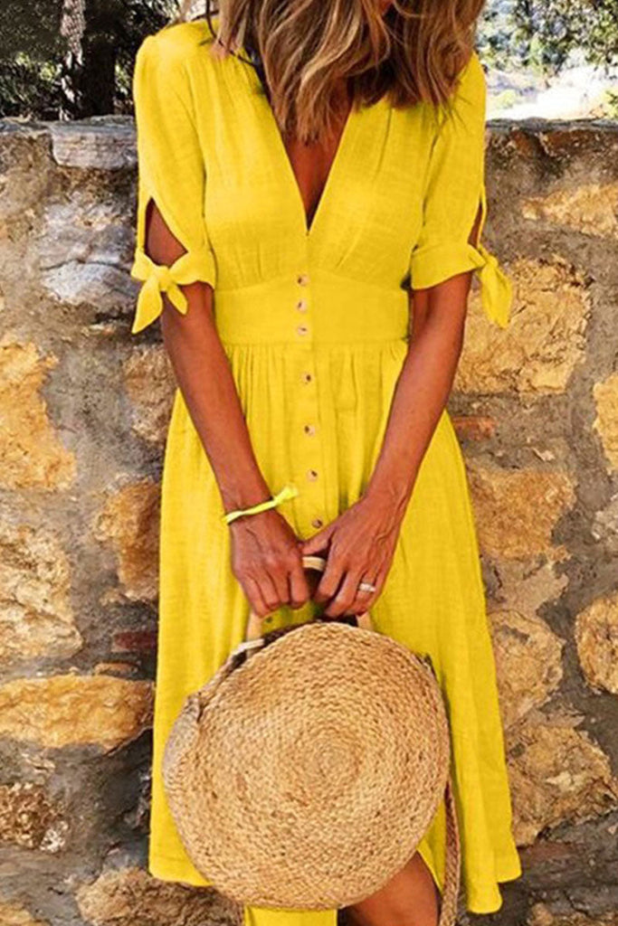Momentlover Fashion Casual Solid Patchwork V Neck A Line Dresses(5 Colors)