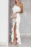Momentlover Elegant Solid Flounce Slit One Shoulder Evening Dress Dresses(5 Colors)