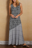 Momentlover Fashion Elegant Print Patchwork V Neck A Line Dresses