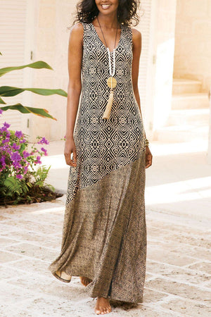Momentlover Fashion Elegant Print Patchwork V Neck A Line Dresses