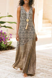 Momentlover Fashion Elegant Print Patchwork V Neck A Line Dresses