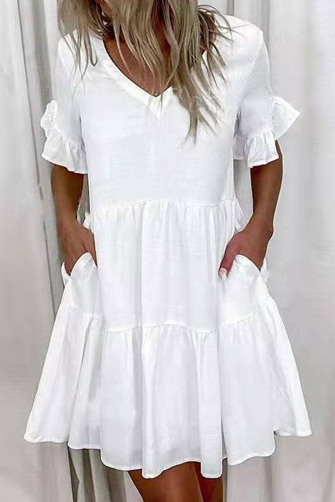 Momentlover Fashion Casual Solid Patchwork V Neck A Line Dresses
