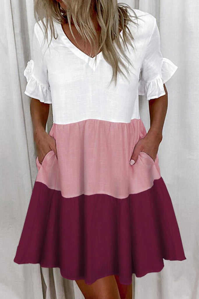 Momentlover Fashion Casual Solid Patchwork V Neck A Line Dresses