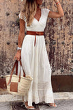 Momentlover Fashion British Style Solid Patchwork V Neck A Line Dresses