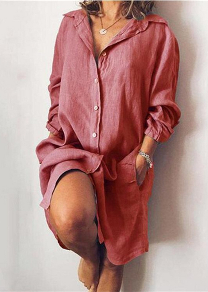 Momentlover Casual Simplicity Solid Buckle Shirt Collar Dresses(5 Colors)