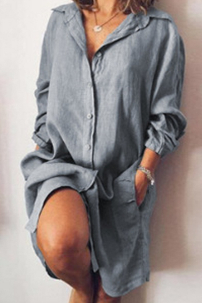 Momentlover Casual Simplicity Solid Buckle Shirt Collar Dresses(5 Colors)