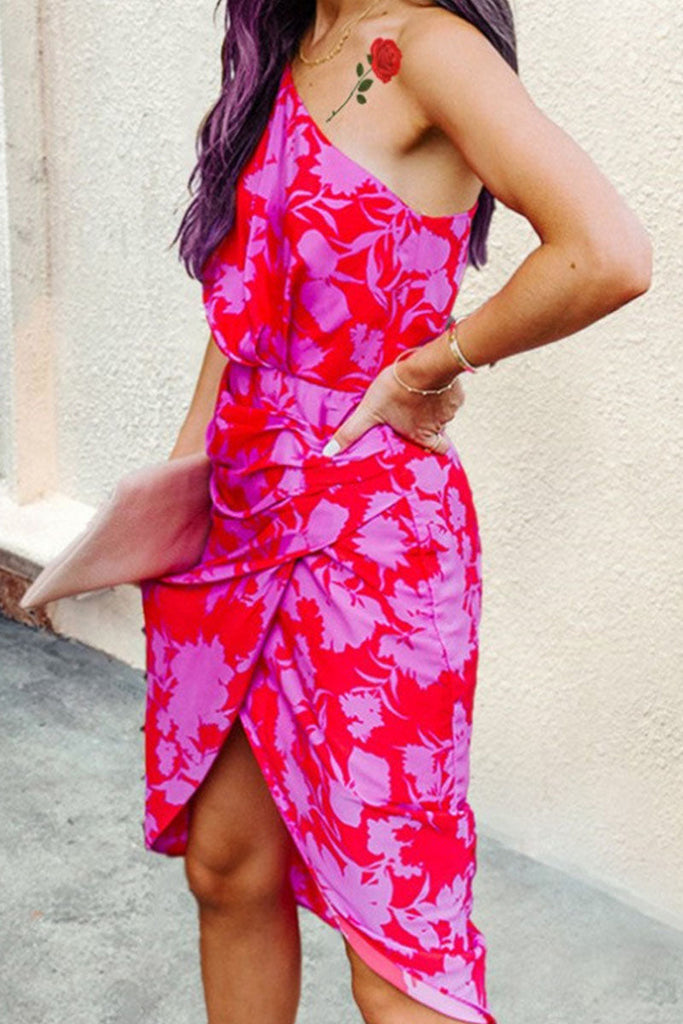 Momentlover Fashion Street Print Patchwork One Shoulder A Line Dresses(3 Colors)