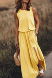 Momentlover Casual Solid Patchwork Slit O Neck Waist Skirt Dresses(8 Colors)