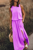 Momentlover Casual Solid Patchwork Slit O Neck Waist Skirt Dresses(8 Colors)