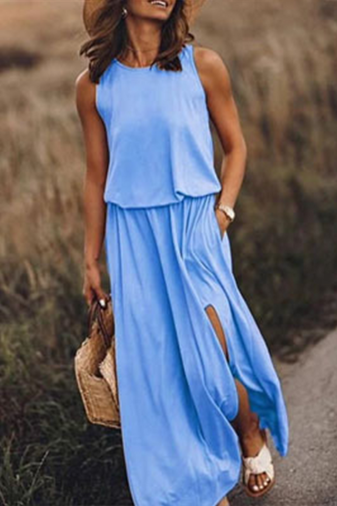 Momentlover Casual Solid Patchwork Slit O Neck Waist Skirt Dresses(8 Colors)