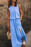 Momentlover Casual Solid Patchwork Slit O Neck Waist Skirt Dresses(8 Colors)