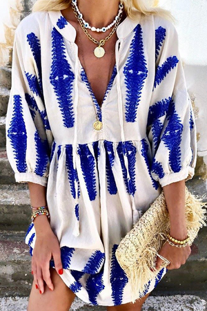 Momentlover Casual Print Frenulum V Neck A Line Dresses