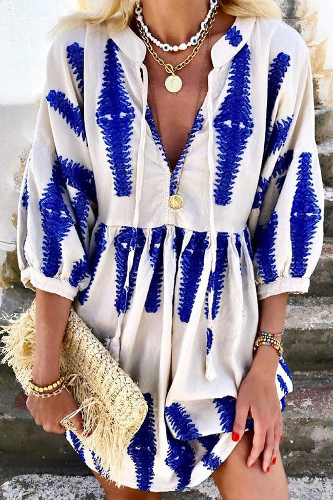 Momentlover Casual Print Frenulum V Neck A Line Dresses