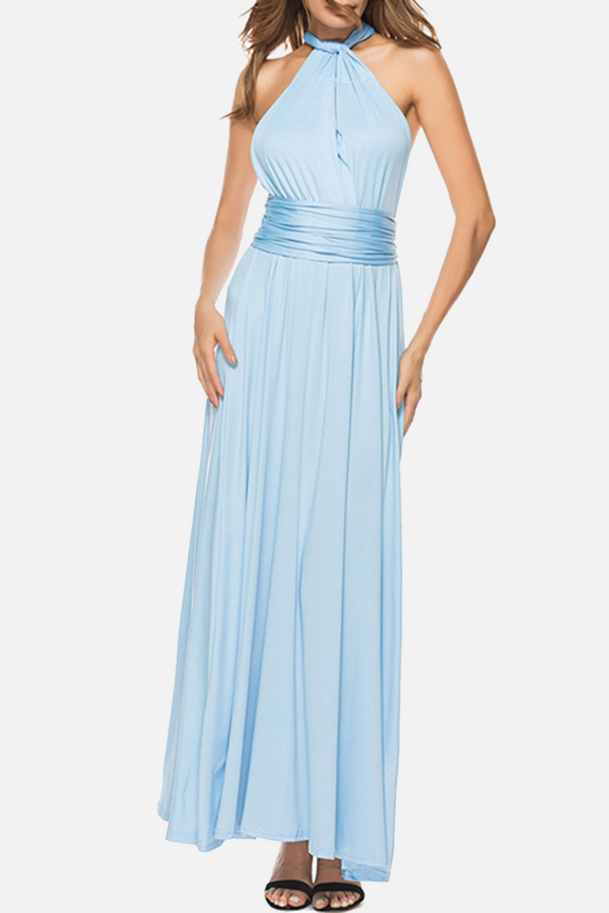 Momentlover Fashion Elegant Solid Patchwork Backless Strap Design Evening Dress Dresses