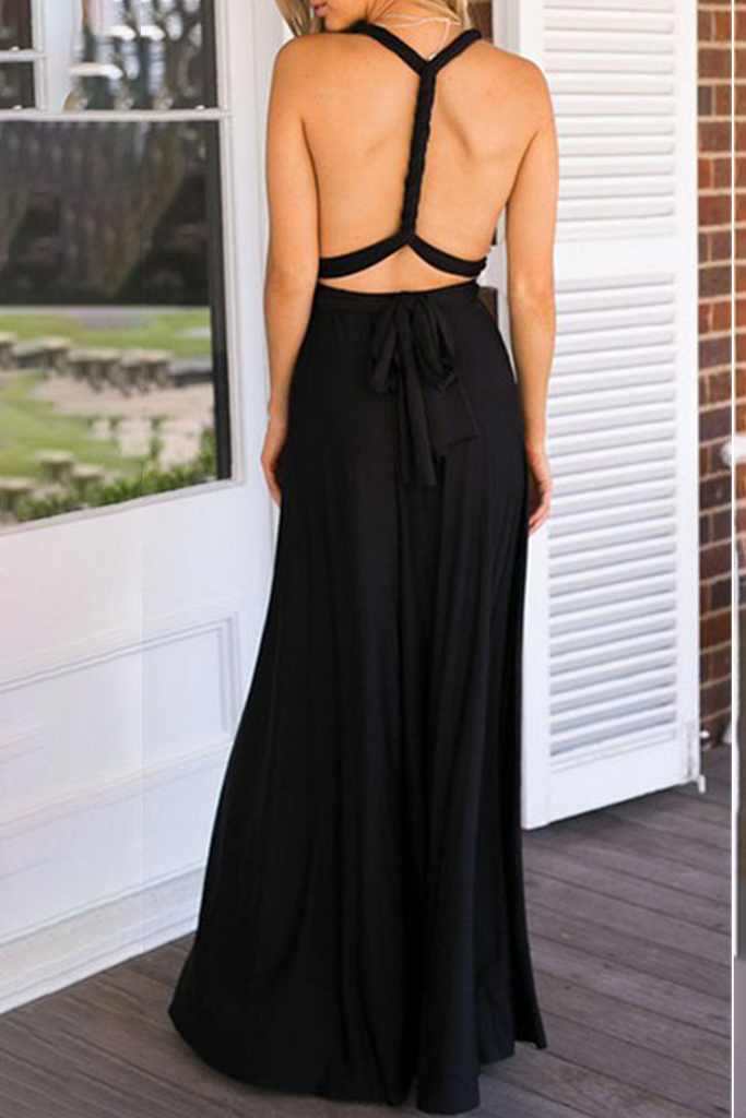 Momentlover Fashion Elegant Solid Patchwork Backless Strap Design Evening Dress Dresses