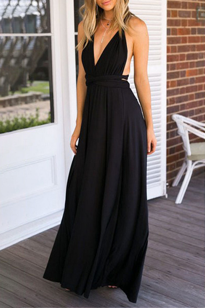 Momentlover Fashion Elegant Solid Patchwork Backless Strap Design Evening Dress Dresses