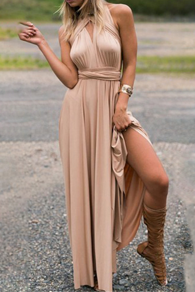 Momentlover Fashion Elegant Solid Patchwork Backless Strap Design Evening Dress Dresses