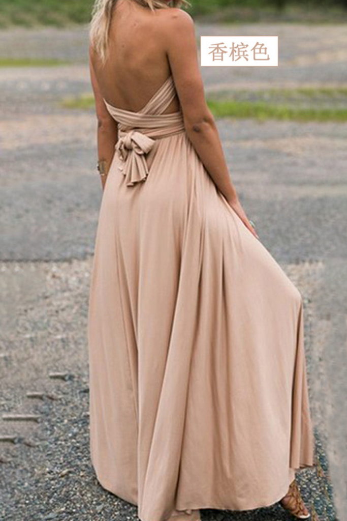 Momentlover Fashion Elegant Solid Patchwork Backless Strap Design Evening Dress Dresses