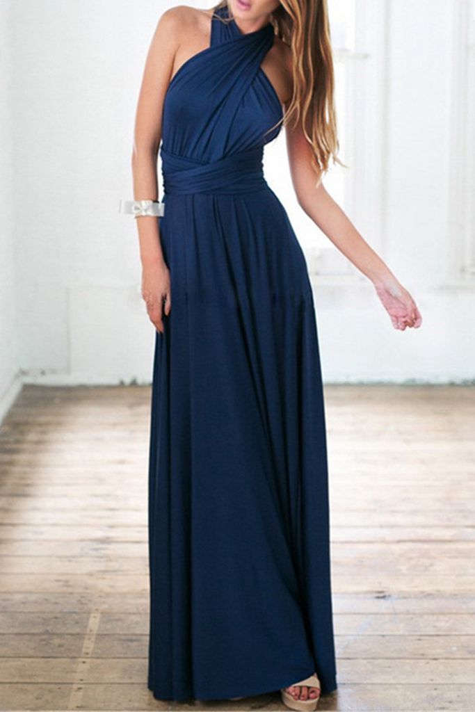 Momentlover Fashion Elegant Solid Patchwork Backless Strap Design Evening Dress Dresses