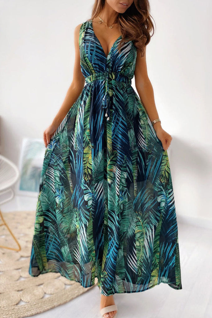 Momentlover Fashion Sweet Print Patchwork V Neck A Line Dresses(4 Colors)