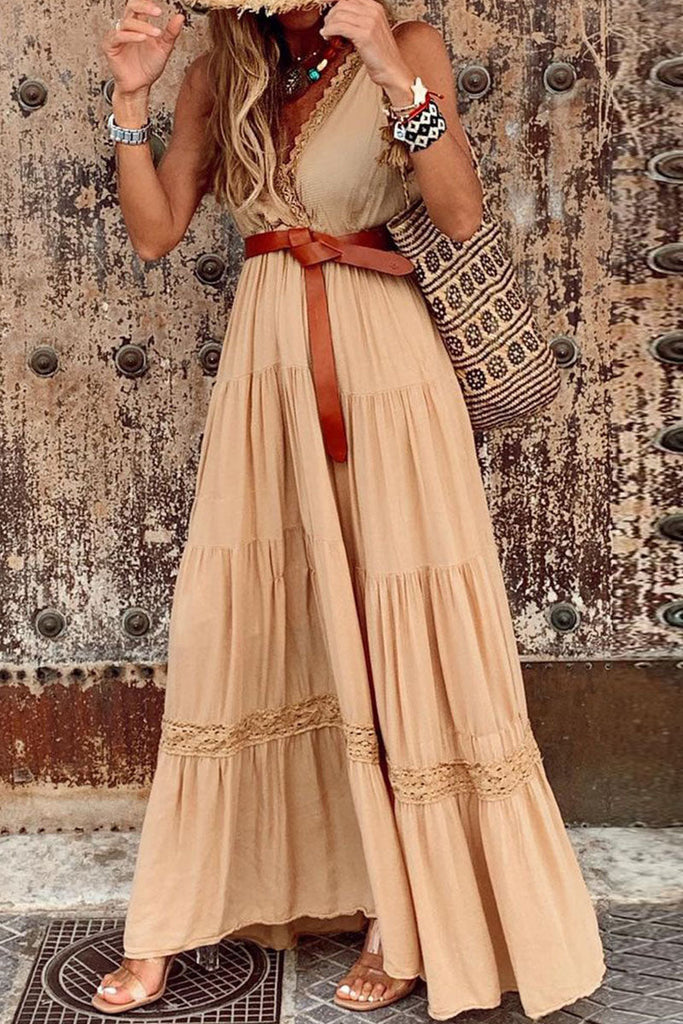 Momentlover Fashion Street Solid Patchwork V Neck A Line Dresses