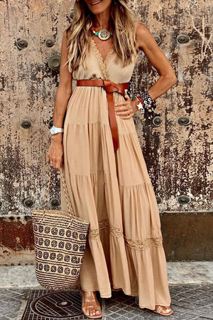 Momentlover Fashion Street Solid Patchwork V Neck A Line Dresses