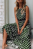 Momentlover Fashion Street Polka Dot Patchwork O Neck A Line Dresses(5 Colors)