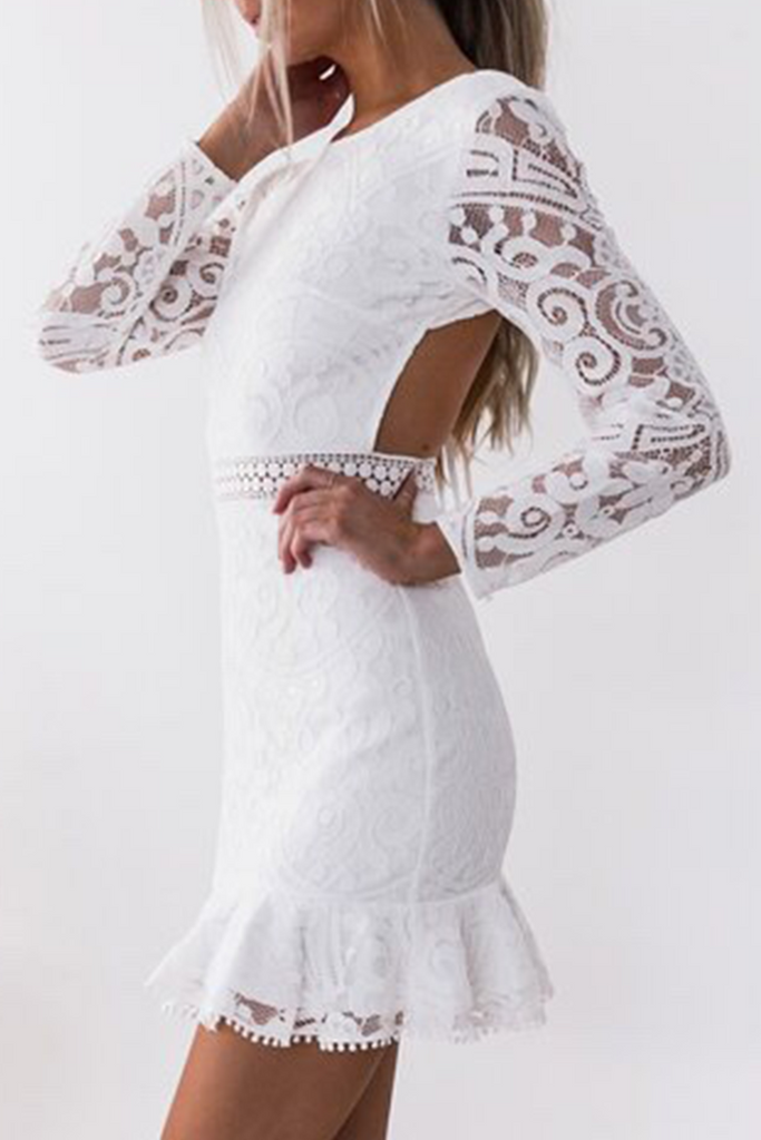 Momentlover Fashion Elegant Solid Hollowed Out Frenulum Backless O Neck Wrapped Skirt Dresses